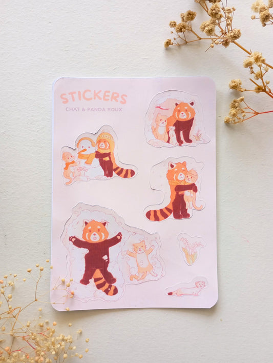 Feuille de stickers - Chat et panda roux d'hiver