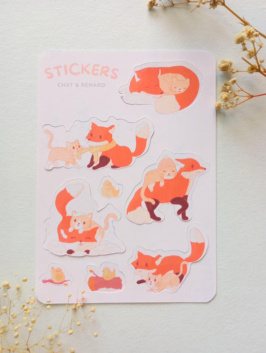Feuille de stickers - Chat et renard d'hiver