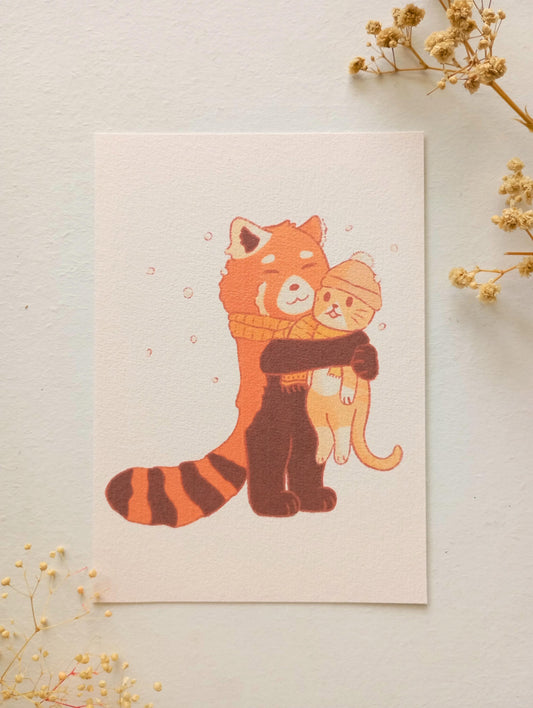 Mini print - Chat et panda roux câlin