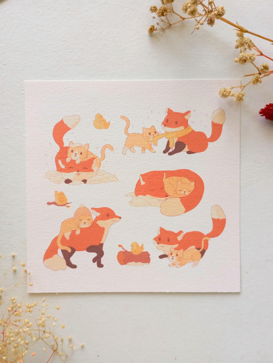 Print - Chat et renard d'hiver